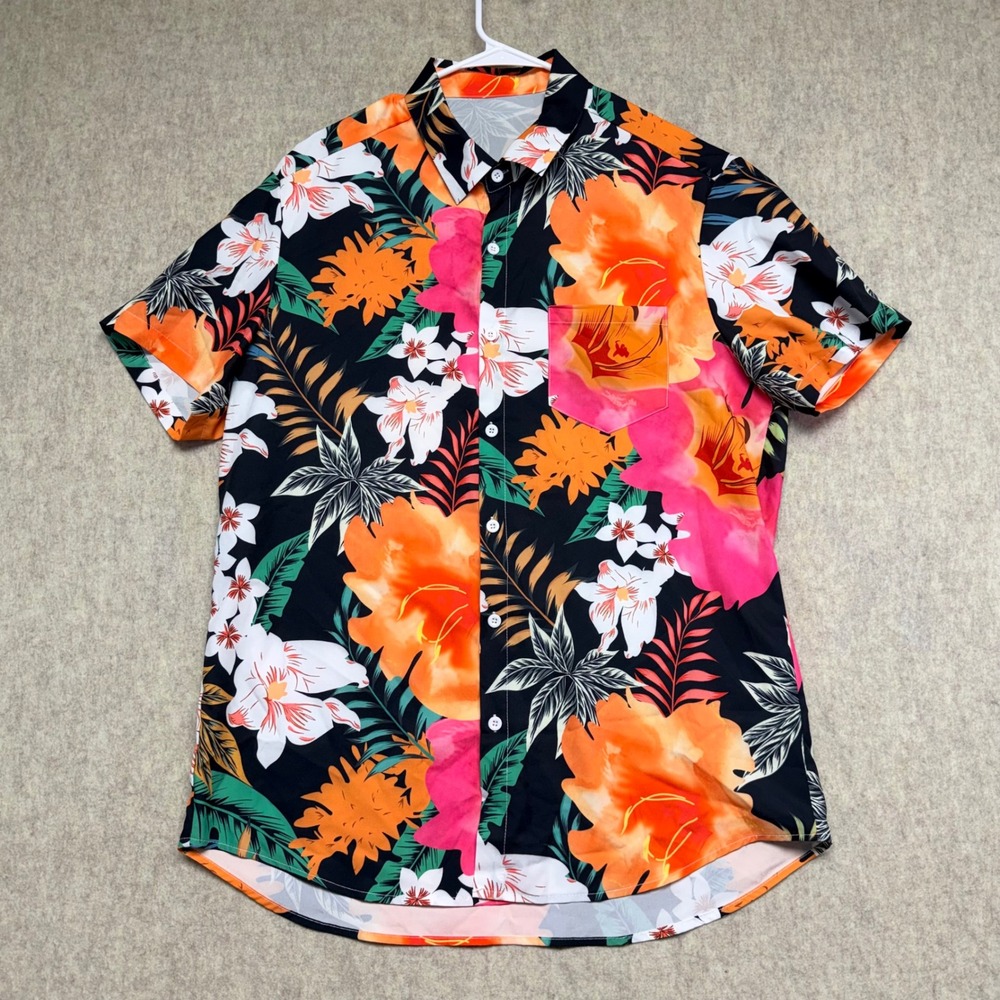 Manfinity Button Down Shirt Mens XL Black Orange Floral Tropical Hawaiian Aloha